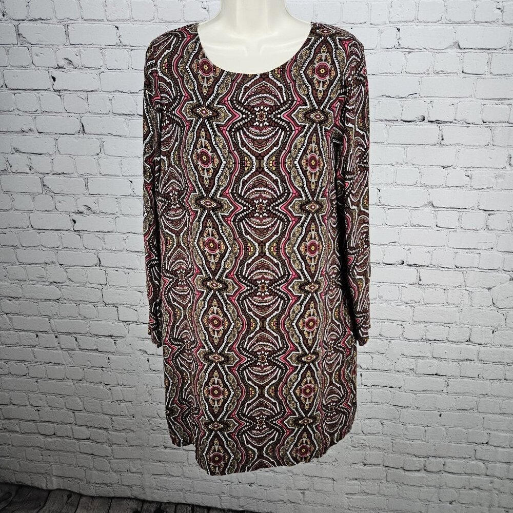 Prana Multicolor Medallion Cece Shift Print Long Sleeve Lined Short Dress Large